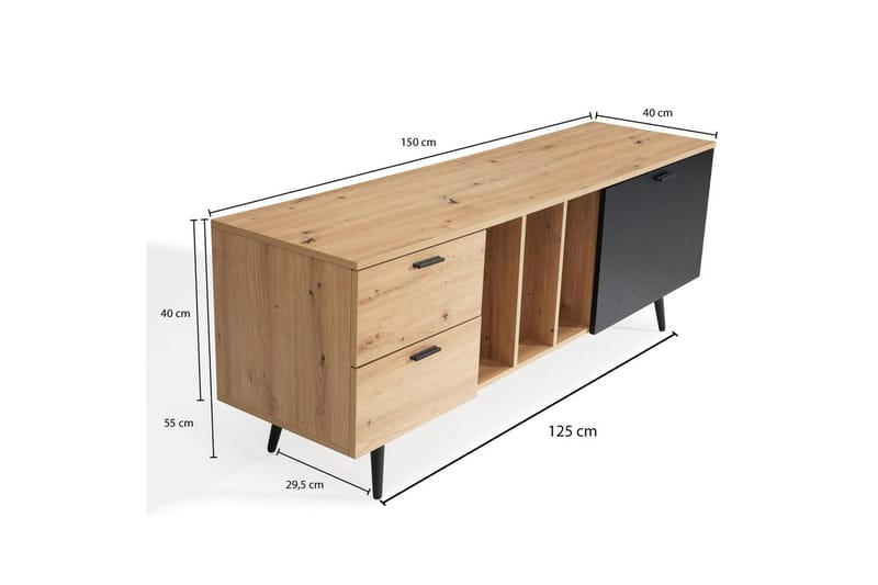 Lowboard Wohnling modernt spånskiva, 2 lådor, 1 dörr, förvaringsbrickor, metallben, modern stil Ek - Ek - Möbler - Vardagsrum - Tv-möbler & mediamöbler - Tv-väggfästen & mediastativ - Tv stativ & väggfästen