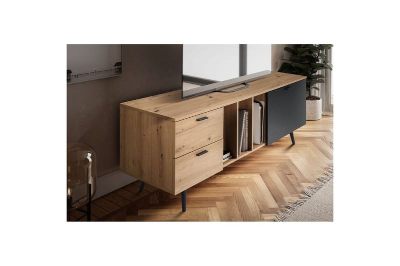 Lowboard Wohnling modernt spånskiva, 2 lådor, 1 dörr, förvaringsbrickor, metallben, modern stil Ek - Ek - Möbler - Vardagsrum - Tv-möbler & mediamöbler - Tv-väggfästen & mediastativ - Tv stativ & väggfästen