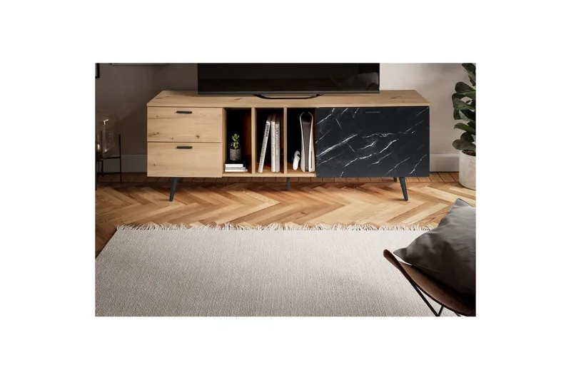 Lowboard Wohnling modernt spånskiva, 2 lådor, 1 dörr, förvaringsbrickor, metallben, modern stil Ek, Marmor, Svart - Ek, Marmor, Svart - Möbler - Vardagsrum - Tv-möbler & mediamöbler - Tv-bänkar