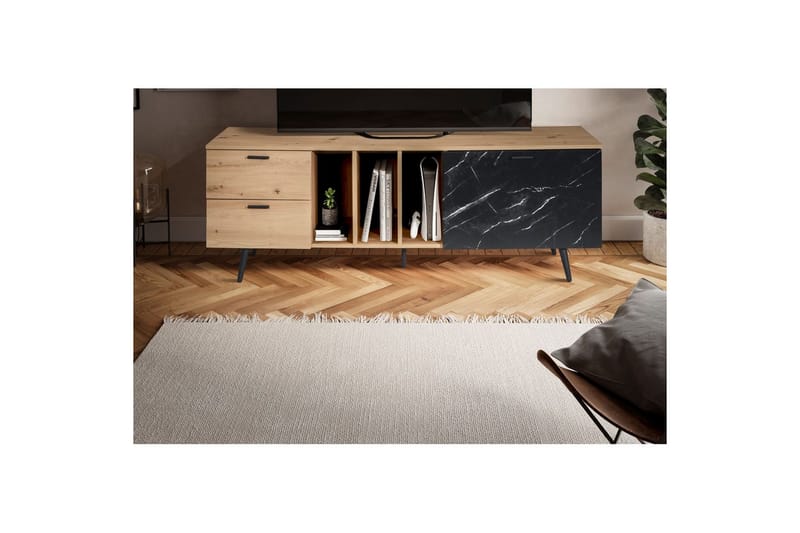 Lowboard Wohnling modernt spånskiva, 2 lådor, 1 dörr, förvaringsbrickor, metallben, modern stil Ek, Marmor, Svart - Ek, Marmor, Svart - Möbler - Vardagsrum - Tv-möbler & mediamöbler - Tv-väggfästen & mediastativ - Tv stativ & väggfästen