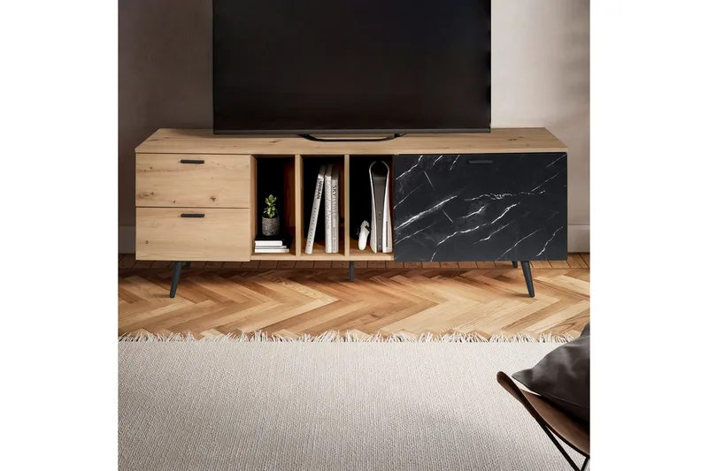 Lowboard Wohnling modernt spånskiva, 2 lådor, 1 dörr, förvaringsbrickor, metallben, modern stil Ek, Marmor, Svart - Ek, Marmor, Svart - Möbler - Vardagsrum - Tv-möbler & mediamöbler - Tv-bänkar