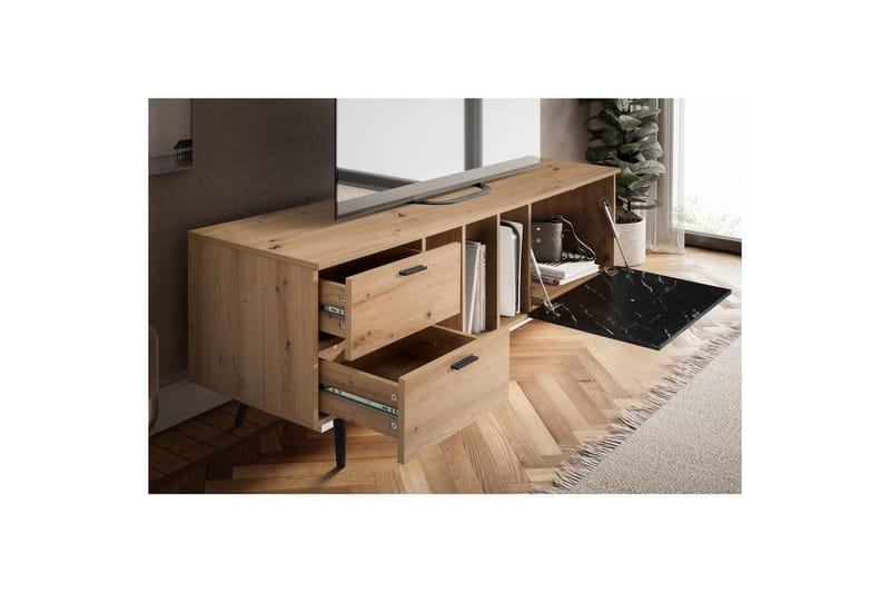 Lowboard Wohnling modernt spånskiva, 2 lådor, 1 dörr, förvaringsbrickor, metallben, modern stil Ek, Marmor, Svart - Ek, Marmor, Svart - Möbler - Vardagsrum - Tv-möbler & mediamöbler - Tv-bänkar