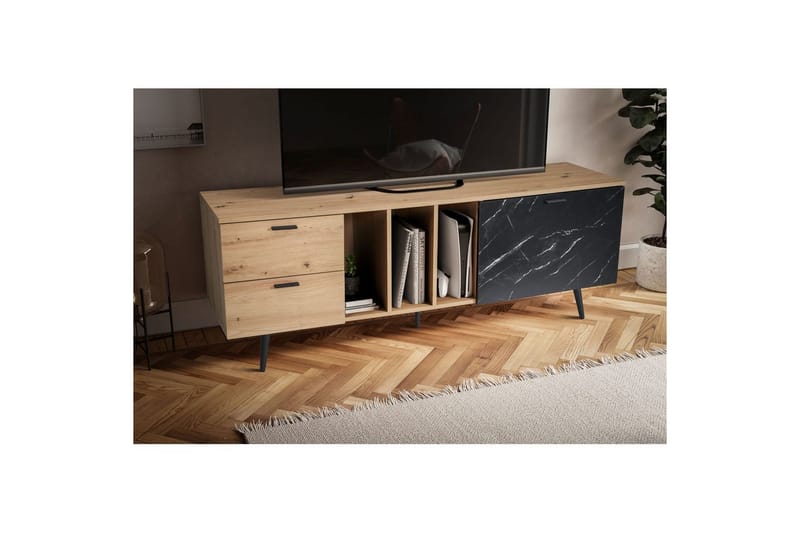 Lowboard Wohnling modernt spånskiva, 2 lådor, 1 dörr, förvaringsbrickor, metallben, modern stil Ek, Marmor, Svart - Ek, Marmor, Svart - Möbler - Vardagsrum - Tv-möbler & mediamöbler - Tv-bänkar