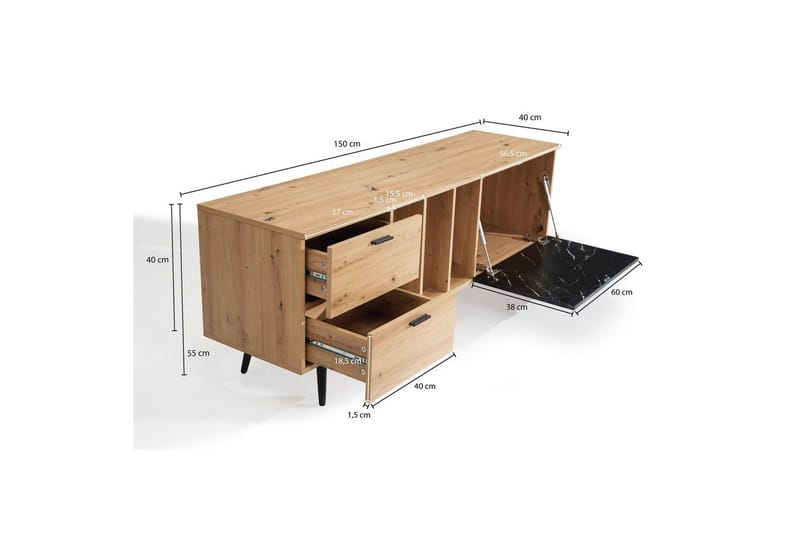 Lowboard Wohnling modernt spånskiva, 2 lådor, 1 dörr, förvaringsbrickor, metallben, modern stil Ek, Marmor, Svart - Ek, Marmor, Svart - Möbler - Vardagsrum - Tv-möbler & mediamöbler - Tv-bänkar