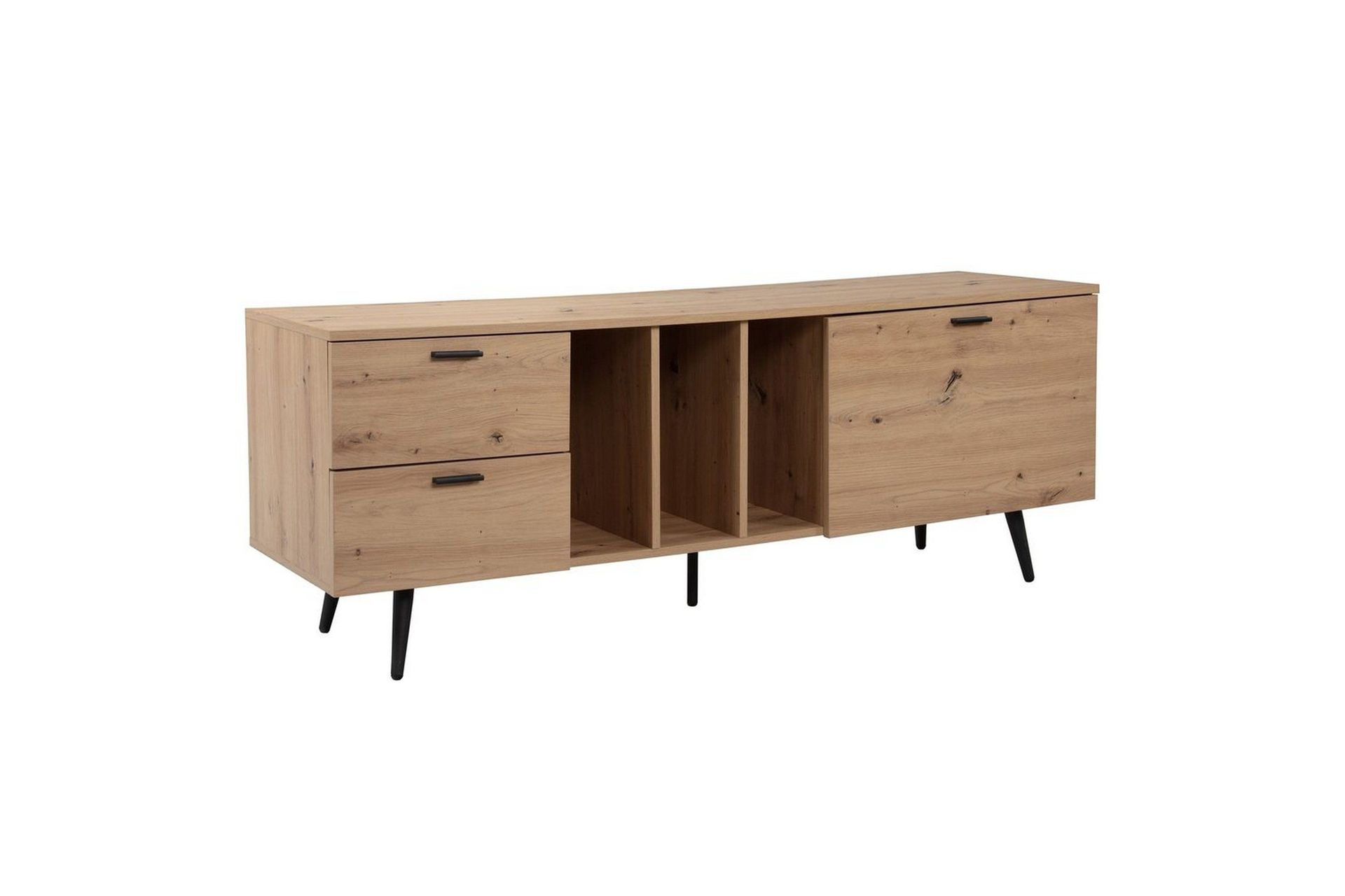 Lowboard Wohnling modernt sp&aring;nskiva, 2 l&aring;dor, 1 d&ouml;rr, f&ouml;rvaringsbrickor, metallben, modern stil Svart, Ek - Svart, Ek