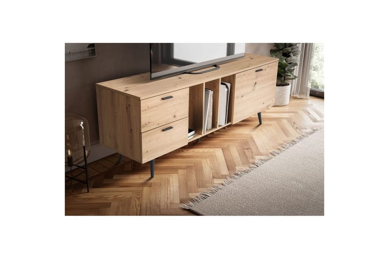 Lowboard Wohnling modernt spånskiva, 2 lådor, 1 dörr, förvaringsbrickor, metallben, modern stil Svart, Ek - Svart, Ek - Möbler - Vardagsrum - Tv-möbler & mediamöbler - Tv-bänkar