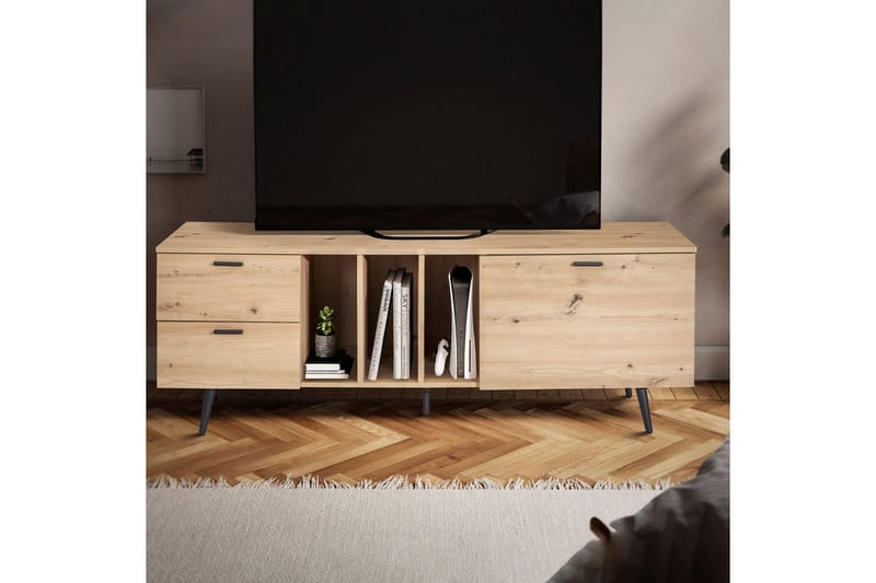 Lowboard Wohnling modernt spånskiva, 2 lådor, 1 dörr, förvaringsbrickor, metallben, modern stil Svart, Ek - Svart, Ek - Möbler - Vardagsrum - Tv-möbler & mediamöbler - Tv-bänkar