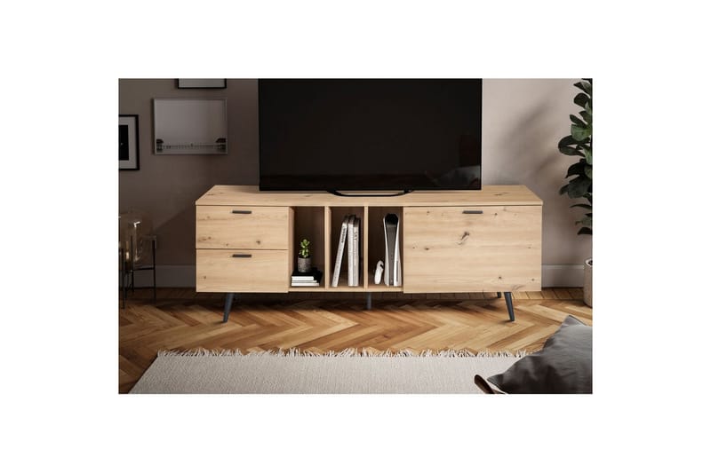 Lowboard Wohnling modernt spånskiva, 2 lådor, 1 dörr, förvaringsbrickor, metallben, modern stil Svart, Ek - Svart, Ek - Möbler - Vardagsrum - Tv-möbler & mediamöbler - Tv-väggfästen & mediastativ - Tv stativ & väggfästen
