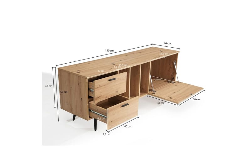 Lowboard Wohnling modernt spånskiva, 2 lådor, 1 dörr, förvaringsbrickor, metallben, modern stil Svart, Ek - Svart, Ek - Möbler - Vardagsrum - Tv-möbler & mediamöbler - Tv-väggfästen & mediastativ - Tv stativ & väggfästen