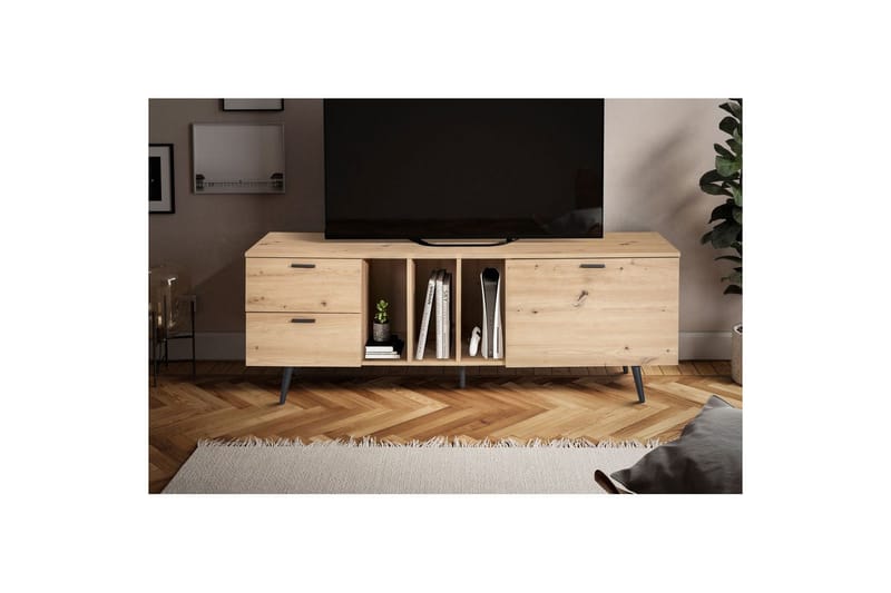 Lowboard Wohnling modernt spånskiva, 2 lådor, 1 dörr, förvaringsbrickor, metallben, modern stil Svart, Ek - Svart, Ek - Möbler - Vardagsrum - Tv-möbler & mediamöbler - Tv-bänkar
