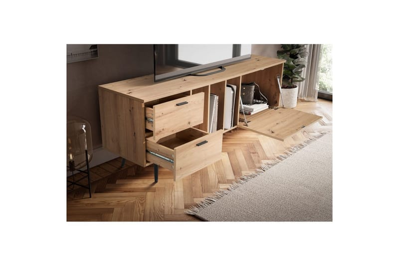 Lowboard Wohnling modernt spånskiva, 2 lådor, 1 dörr, förvaringsbrickor, metallben, modern stil Svart, Ek - Svart, Ek - Möbler - Vardagsrum - Tv-möbler & mediamöbler - Tv-bänkar