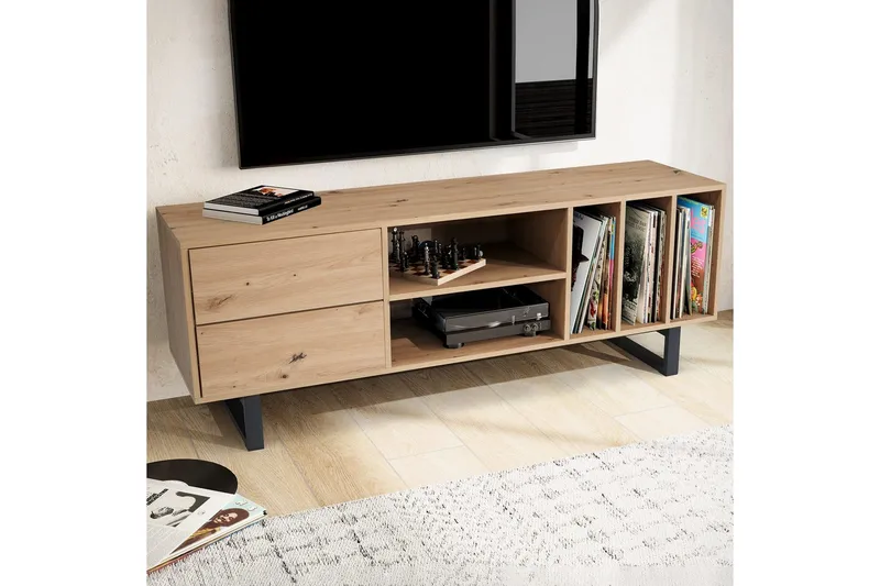 Lowboard Wohnling modernt spånskiva, 2 lådor, förvaringsbrickor, metallben, modern stil Ek - Ek - Möbler - Vardagsrum - Tv-möbler & mediamöbler - Tv-bänkar