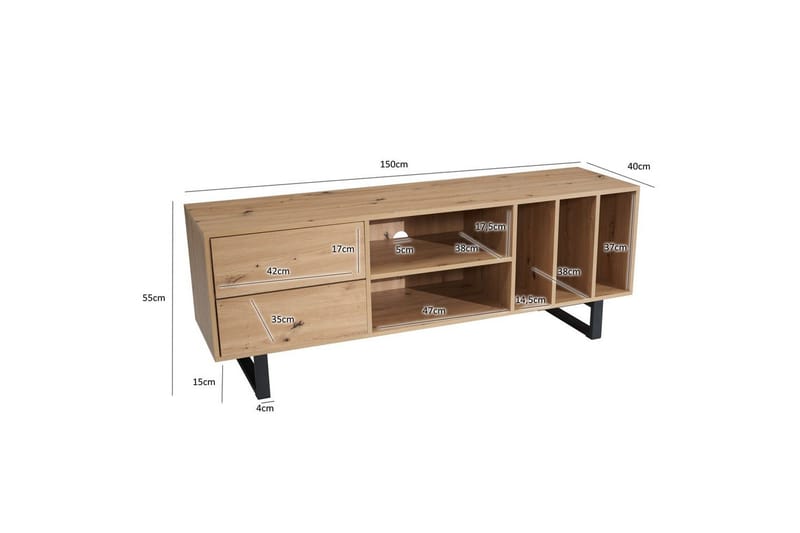 Lowboard Wohnling modernt spånskiva, 2 lådor, förvaringsbrickor, metallben, modern stil Ek - Ek - Möbler - Vardagsrum - Tv-möbler & mediamöbler - Tv-bänkar