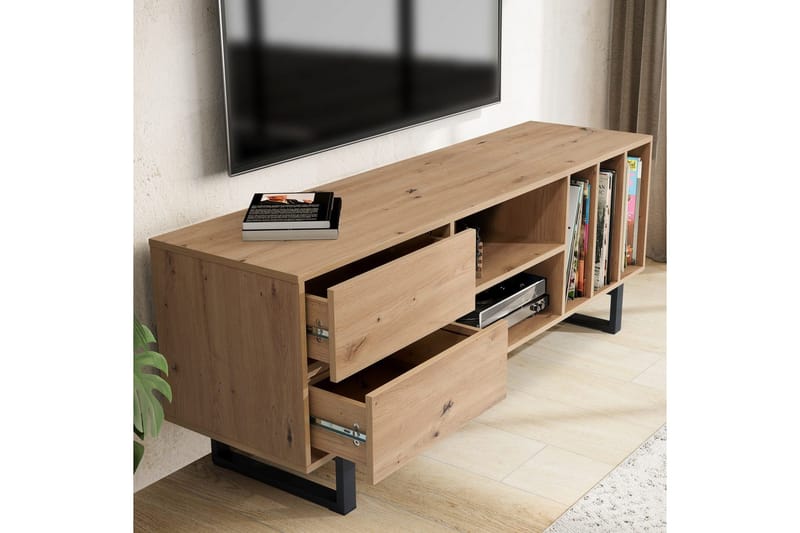 Lowboard Wohnling modernt spånskiva, 2 lådor, förvaringsbrickor, metallben, modern stil Ek - Ek - Möbler - Vardagsrum - Tv-möbler & mediamöbler - Tv-bänkar