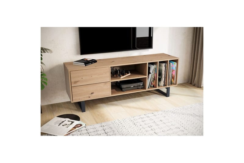 Lowboard Wohnling modernt spånskiva, 2 lådor, förvaringsbrickor, metallben, modern stil Ek - Ek - Möbler - Vardagsrum - Tv-möbler & mediamöbler - Tv-bänkar