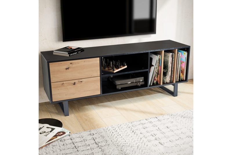 Lowboard Wohnling modernt spånskiva, 2 lådor, förvaringsbrickor, metallben, modern stil Svart, Ek - Svart, Ek - Möbler - Vardagsrum - Tv-möbler & mediamöbler - Tv-väggfästen & mediastativ - Tv stativ & väggfästen