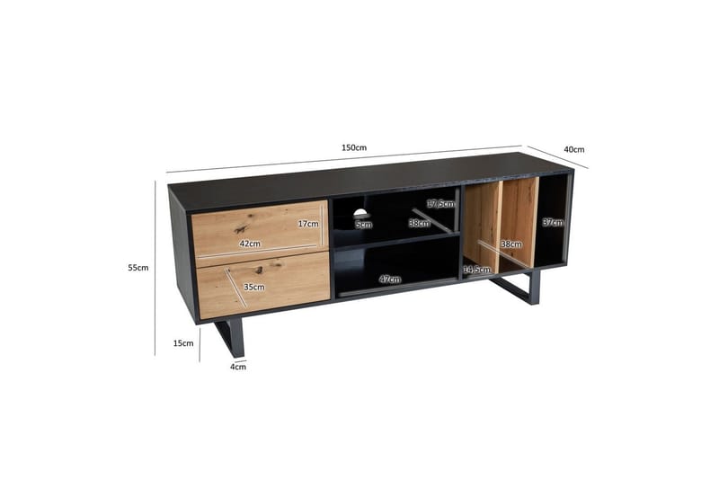 Lowboard Wohnling modernt spånskiva, 2 lådor, förvaringsbrickor, metallben, modern stil Svart, Ek - Svart, Ek - Möbler - Vardagsrum - Tv-möbler & mediamöbler - Tv-väggfästen & mediastativ - Tv stativ & väggfästen