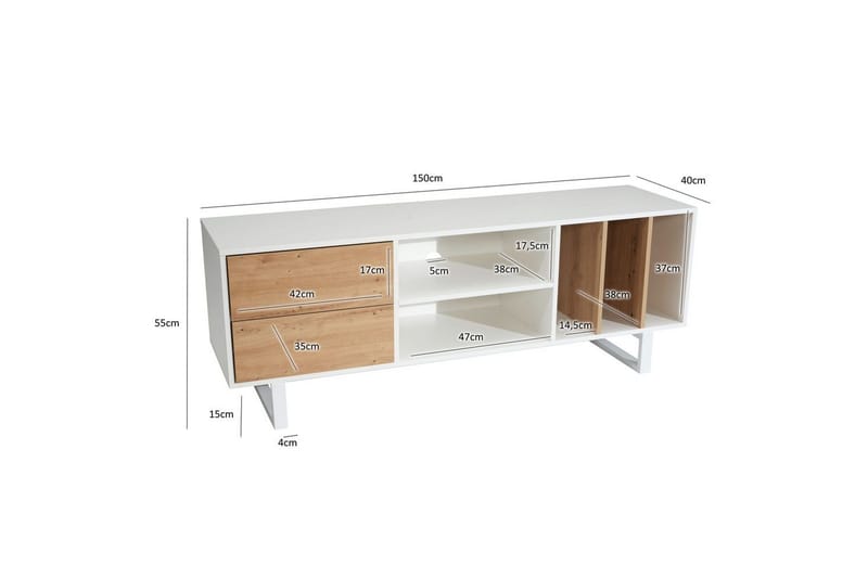Lowboard Wohnling modernt spånskiva, 2 lådor, förvaringsbrickor, metallben, modern stil Vit, ek - Vit, ek - Möbler - Vardagsrum - Tv-möbler & mediamöbler - Tv-bänkar