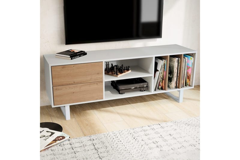 Lowboard Wohnling modernt spånskiva, 2 lådor, förvaringsbrickor, metallben, modern stil Vit, ek - Vit, ek - Möbler - Vardagsrum - Tv-möbler & mediamöbler - Tv-bänkar