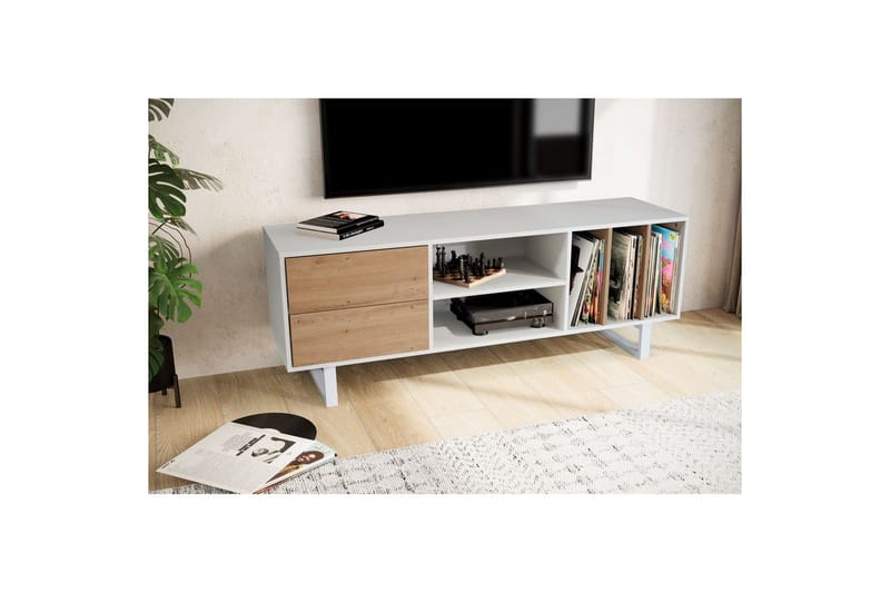 Lowboard Wohnling modernt spånskiva, 2 lådor, förvaringsbrickor, metallben, modern stil Vit, ek - Vit, ek - Möbler - Vardagsrum - Tv-möbler & mediamöbler - Tv-väggfästen & mediastativ - Tv stativ & väggfästen