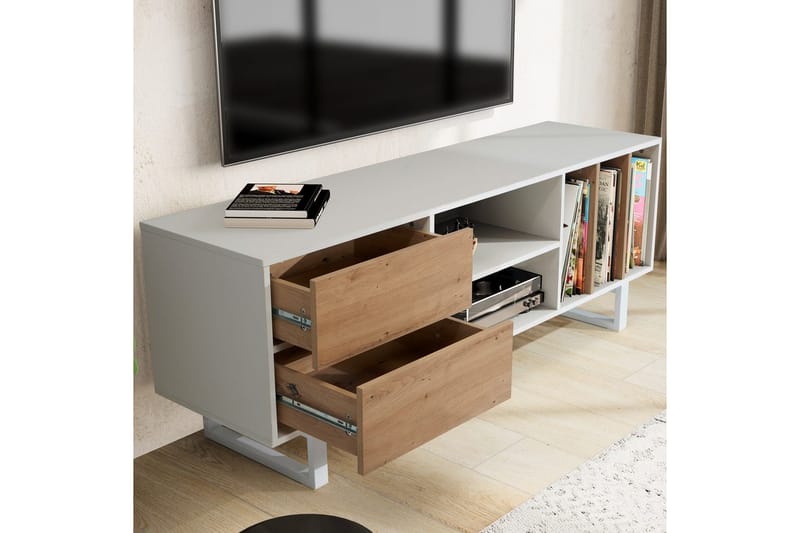 Lowboard Wohnling modernt spånskiva, 2 lådor, förvaringsbrickor, metallben, modern stil Vit, ek - Vit, ek - Möbler - Vardagsrum - Tv-möbler & mediamöbler - Tv-väggfästen & mediastativ - Tv stativ & väggfästen