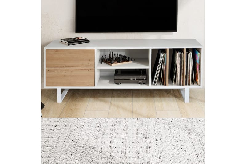 Lowboard Wohnling modernt spånskiva, 2 lådor, förvaringsbrickor, metallben, modern stil Vit, ek - Vit, ek - Möbler - Vardagsrum - Tv-möbler & mediamöbler - Tv-väggfästen & mediastativ - Tv stativ & väggfästen