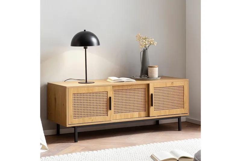 Lowboard Wohnling spånskiva folierad med 2 skjutdörrar, wienflät, modern stil Ek - Ek - Möbler - Vardagsrum - Tv-möbler & mediamöbler - Tv-bänkar