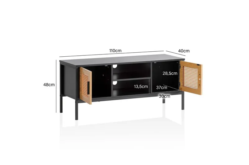 Lowboard Wohnling spånskiva folierad med 2 skjutdörrar, wienflät, modern stil Svart, Ek - Svart, Ek - Möbler - Vardagsrum - Tv-möbler & mediamöbler - Tv-bänkar