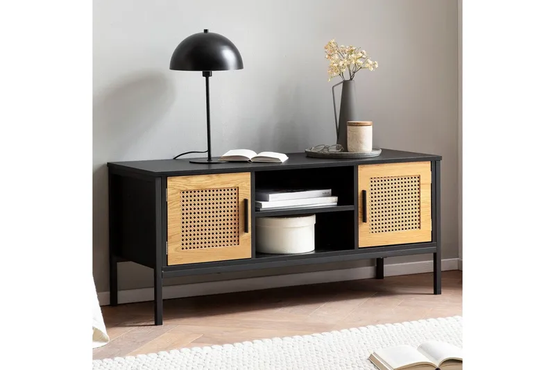 Lowboard Wohnling spånskiva folierad med 2 skjutdörrar, wienflät, modern stil Svart, Ek - Svart, Ek - Möbler - Vardagsrum - Tv-möbler & mediamöbler - Tv-bänkar