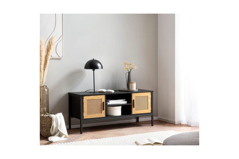 Lowboard Wohnling spånskiva folierad med 2 skjutdörrar, wienflät, modern stil Svart, Ek - Svart, Ek - Möbler - Vardagsrum - Tv-möbler & mediamöbler - Tv-bänkar