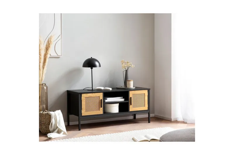 Lowboard Wohnling spånskiva folierad med 2 skjutdörrar, wienflät, modern stil Svart, Ek - Svart, Ek - Möbler - Vardagsrum - Tv-möbler & mediamöbler - Tv-bänkar