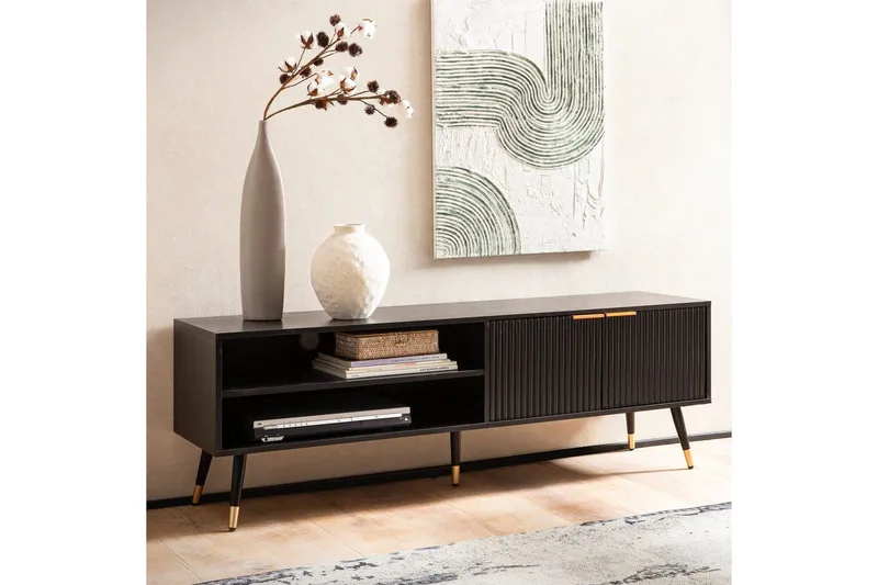 Lowboard Wohnling Spånskiva Svart Folierad med 2 Dörrar Förvaringsfack Modern - Möbler - Vardagsrum - Tv-möbler & mediamöbler - Tv-bänkar