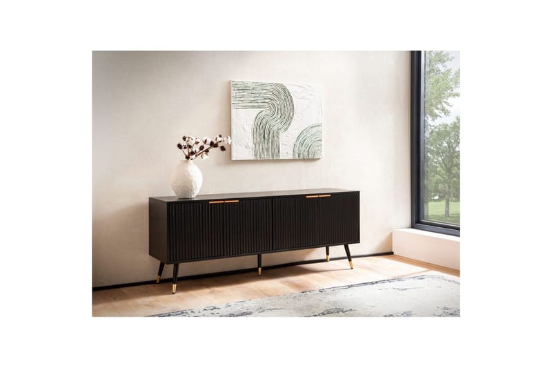 Lowboard Wohnling Spånskiva Svart Folierad med 2 Dörrar Modern Ek med Metallben - Möbler - Vardagsrum - Tv-möbler & mediamöbler - Tv-bänkar