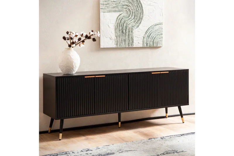 Lowboard Wohnling Spånskiva Svart Folierad med 2 Dörrar Modern Ek med Metallben - Möbler - Vardagsrum - Tv-möbler & mediamöbler - Tv-bänkar