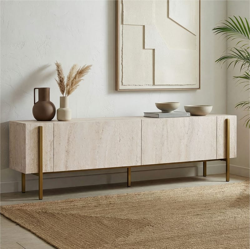 Nexus TV-bänk 180 cm - Travertin och guld - Möbler - Vardagsrum - Tv-möbler & mediamöbler - Tv-väggfästen & mediastativ - Tv stativ & väggfästen