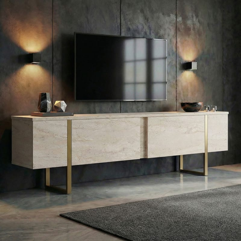 Nopira TV-bänk 180 cm - Travertin och guld - Möbler - Vardagsrum - Tv-möbler & mediamöbler - Tv-väggfästen & mediastativ - Tv stativ & väggfästen