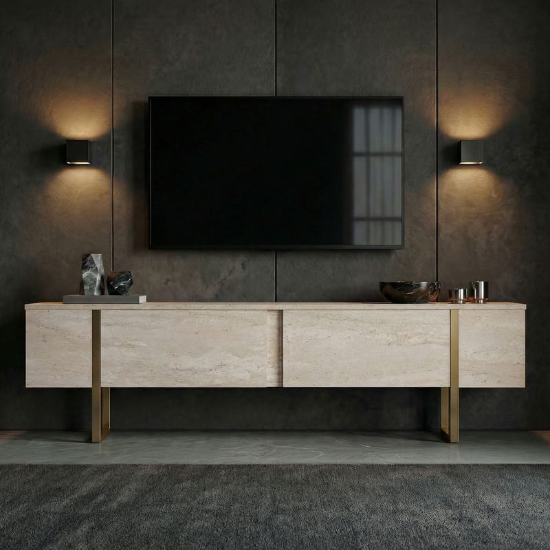 Nopira TV-bänk 180 cm - Travertin och guld - Möbler - Vardagsrum - Tv-möbler & mediamöbler - Tv-väggfästen & mediastativ - Tv stativ & väggfästen