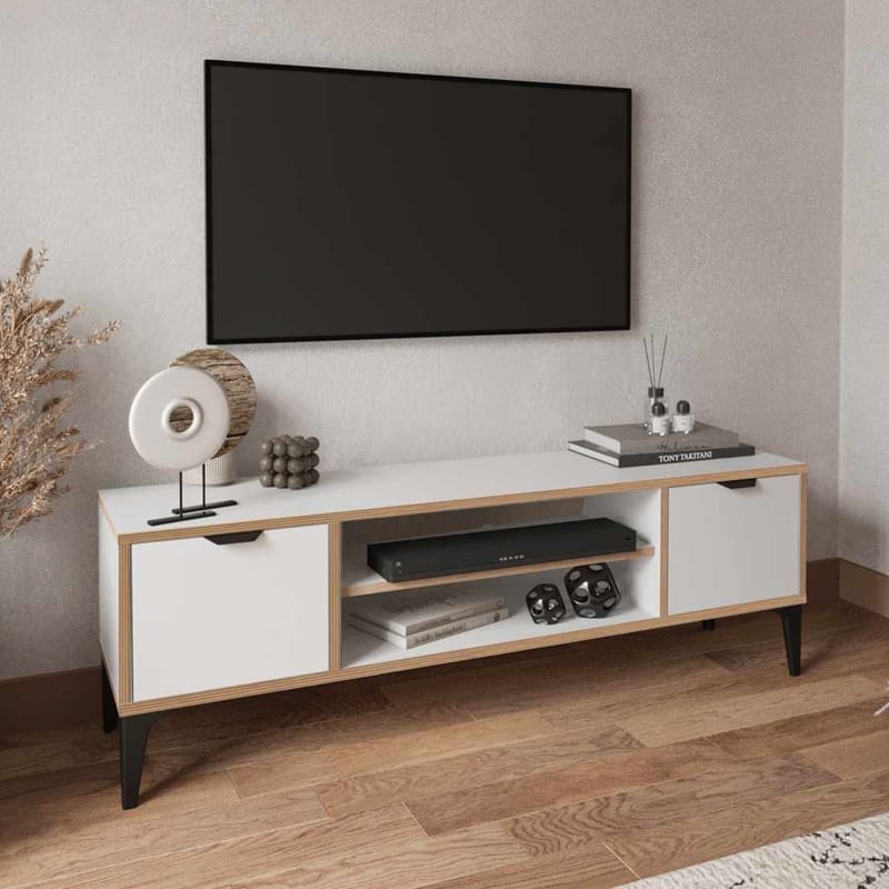 Olyros Tv-bänk 140 cm med Förvaring i Trä med Metallben - Vit - Möbler - Vardagsrum - Tv-möbler & mediamöbler - Tv-bänkar
