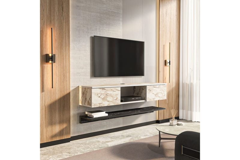 Sovric Vägghängd TV Bänk 140 cm med Förvaring i Målat Trä - Beige Marmor - Möbler - Vardagsrum - Tv-möbler & mediamöbler - Tv-bänkar