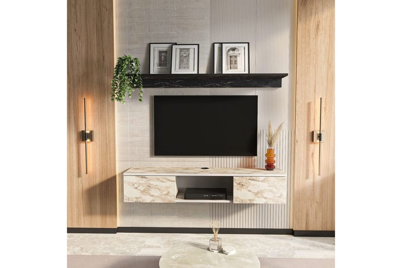 Sovric Vägghängd TV Bänk 140 cm med Förvaring i Målat Trä - Beige Marmor - Möbler - Vardagsrum - Tv-möbler & mediamöbler - Tv-bänkar