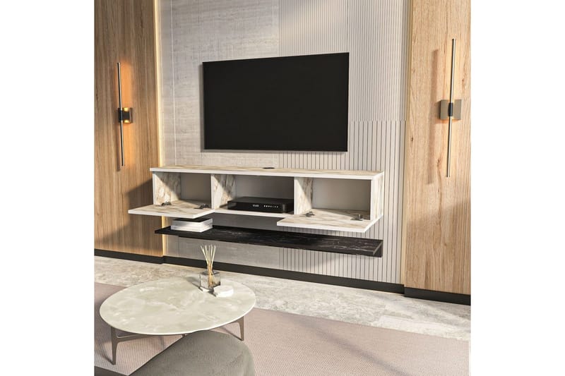 Sovric Vägghängd TV Bänk 140 cm med Förvaring i Målat Trä - Beige Marmor - Möbler - Vardagsrum - Tv-möbler & mediamöbler - Tv-bänkar