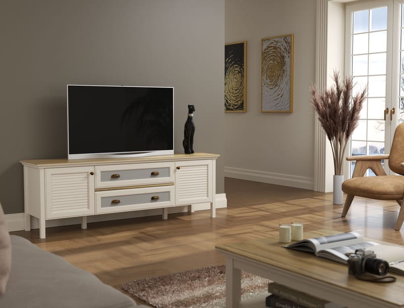 Vopira TV-bänk 180 cm - Crème, ek, grå - Möbler - Vardagsrum - Tv-möbler & mediamöbler - Tv-väggfästen & mediastativ - Tv stativ & väggfästen