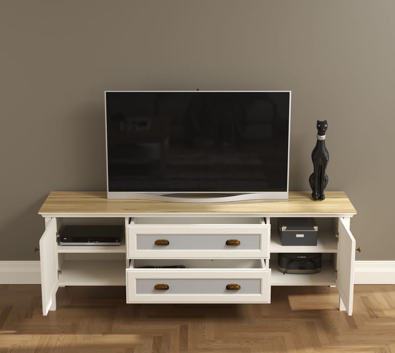 Vopira TV-bänk 180 cm - Crème, ek, grå - Möbler - Vardagsrum - Tv-möbler & mediamöbler - Tv-väggfästen & mediastativ - Tv stativ & väggfästen