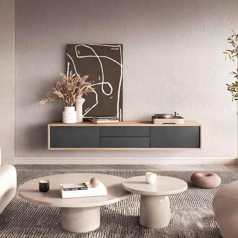 Vägghängd TV-bänk Frida 2 luckor med 2 lådor upp - Antracit - Möbler - Vardagsrum - Tv-möbler & mediamöbler - Tv-bänkar