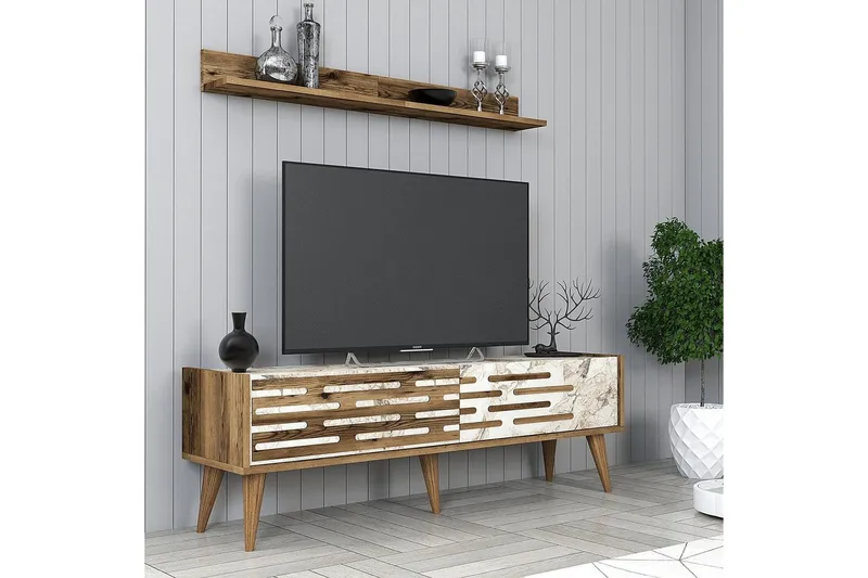 Valensiya Tv-möbelset 140x45 cm - Valnöt/Vit/Marmor - Möbler - Vardagsrum - Tv-möbler & mediamöbler - Tv-möbelset