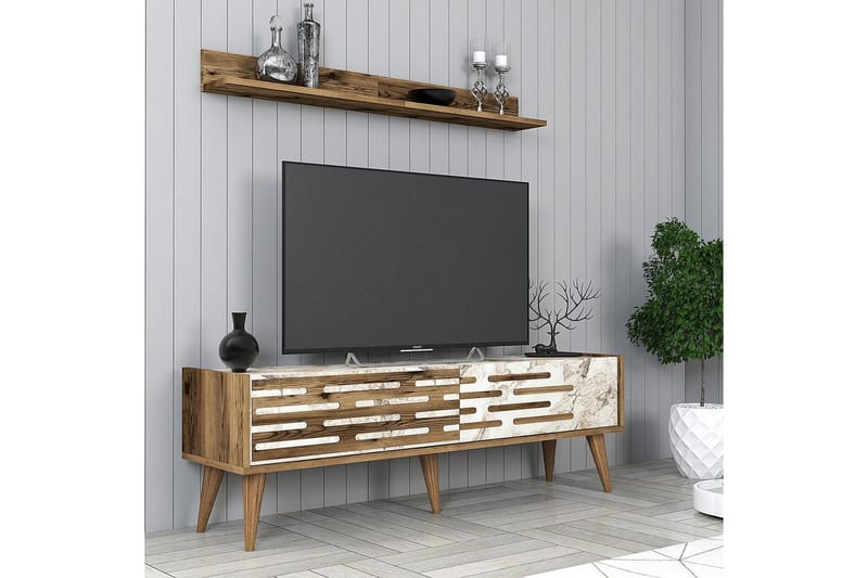 Valensiya Tv-möbelset 140x45 cm - Valnöt/Vit/Marmor - Möbler - Vardagsrum - Tv-möbler & mediamöbler - Tv-möbelset