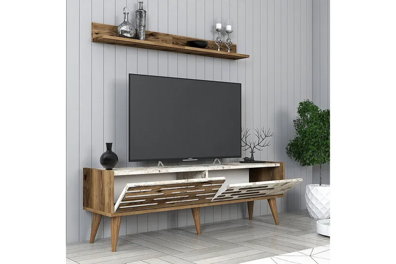 Valensiya Tv-möbelset 140x45 cm - Valnöt/Vit/Marmor - Möbler - Vardagsrum - Tv-möbler & mediamöbler - Tv-möbelset