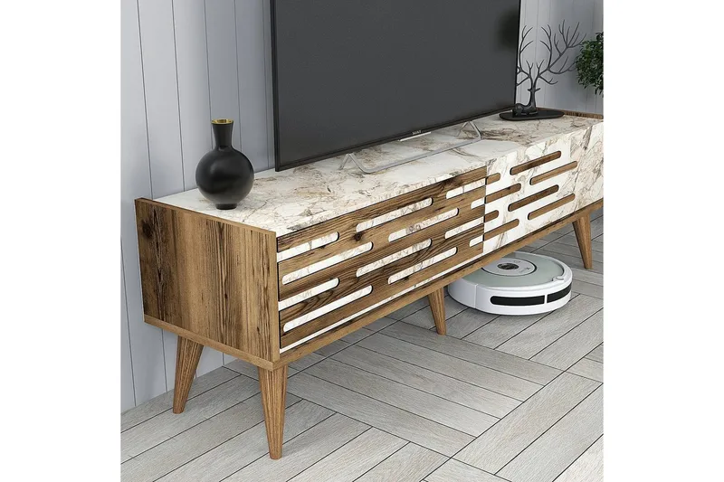 Valensiya Tv-möbelset 140x45 cm - Valnöt/Vit/Marmor - Möbler - Vardagsrum - Tv-möbler & mediamöbler - Tv-möbelset