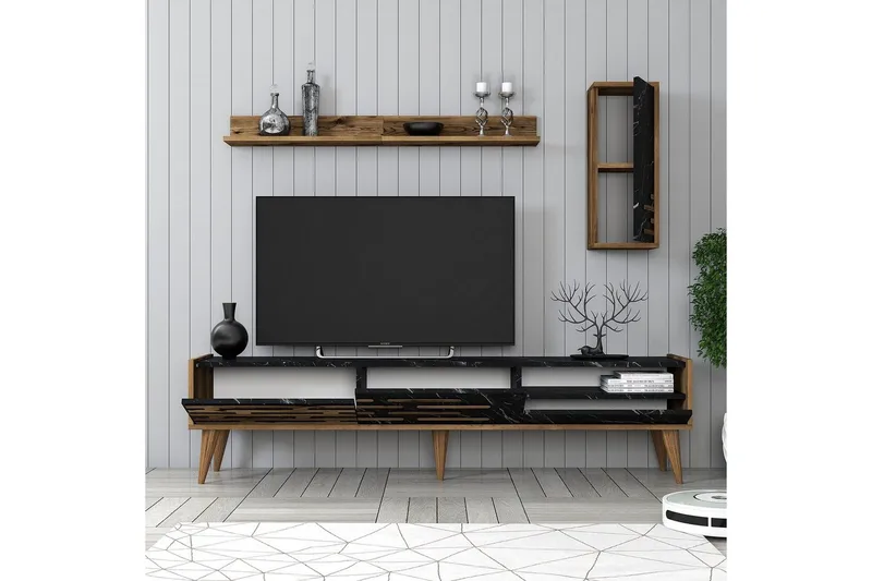 Valensiya Tv-skåp 180 cm - Valnöt/Svart/Marmor - Möbler - Vardagsrum - Tv-möbler & mediamöbler - Tv-skåp