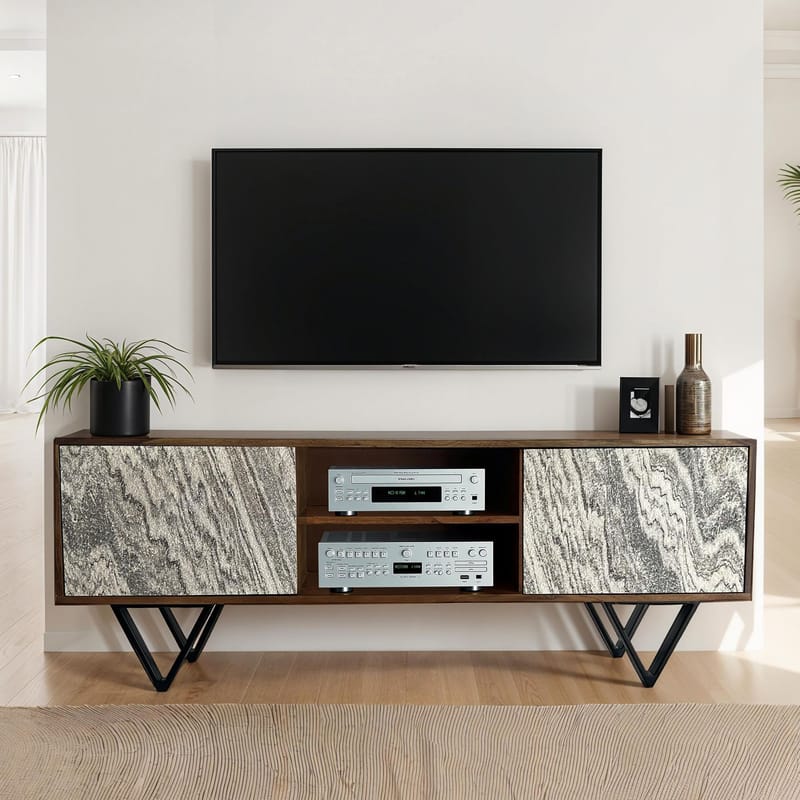 Venlor TV-bänk 150x56x35 cm i massivt sheeshamträ med vit stenlook - Vit - Möbler - Vardagsrum - Tv-möbler & mediamöbler - Tv-bänkar